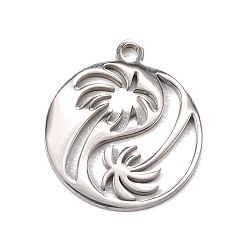 Stainless Steel Color 201 Stainless Steel Pendants, Flat Round with Coconut Tree Charms, Stainless Steel Color, 17x15x1mm, Hole: 1.5mm