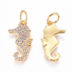 Golden Brass Charms, with Micro Pave Cubic Zirconia and Jump Rings, Sea Horse, Clear, Golden, 15.5x8x1.2mm, Hole: 3.2mm