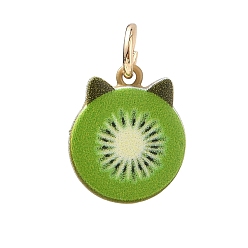 Kiwi Fruit Animal Theme Brass Enamel Pendants, with Jump Ring, Golden, Cat Shaped Kiwi Slice Charm , 15x13x5mm, Hole: 4mm