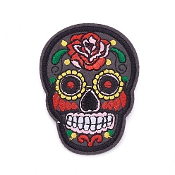 Gray Computerized Embroidery Cloth Iron On Patches, Costume Accessories, Appliques, Sugar Skull, For Mexico Holiday Day of the Dead, Gray, 72.2x53x1.9mm