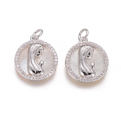 Платина Латунные подвески, с микро проложить кубического циркония, раковины и прыжковые кольца, плоские круглые с Девой Марией, прозрачные, платина, 17.5x15.5x2.5 мм, отверстие : 3.5 мм