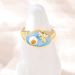 Oval Латунные манжеты с небесно-голубой эмалью, с абс-пластиком, имитирующим жемчуг и блестящей пудрой, реальный 18 k позолоченный, стойки покрытие, долговечный, без кадмия и без свинца, овальные, внутренний диаметр: регулируемый, овальный : 16x10.5 mm