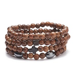 Дерево 4шт. 4 комплект эластичных браслетов из натурального дерева и синтетической бирюзы (окрашенной) и гематита с крестообразными бусинами, украшения из драгоценных камней для женщин, внутренний диаметр: 2-1/4 дюйм (5.7 см), 1 шт / стиль