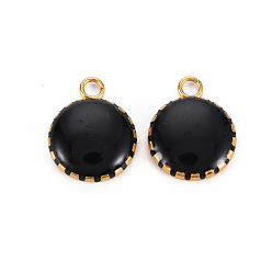 Black 304 Stainless Steel Enamel Charms, Ion Plating(IP), Golden, Flat Round, Black, 13.5x10.5x3mm, Hole: 1.6mm
