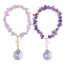 Смешанные камни 2 шт. 2 стили подвеска с натуральным розовым кварцем и аметистовым чипом, со стеклянными каплями и латунными солнечными подвесками, 150 мм, 1 шт / стиль