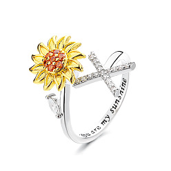 Letter X Регулируемые вращающиеся манжеты из латуни со стразами, письмо и подсолнух, Словом ты мое солнышко, Кольцо-спиннер для успокоения беспокойства, медитации, платина и светлое золото, Письмо X, внутренний диаметр: 15~20 мм