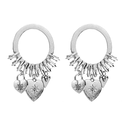 Crystal Flat Round Alloy Rhinestone Stud Earrings, Heart Tassel Dangle Earrings for Women, Crystal, 65x40mm