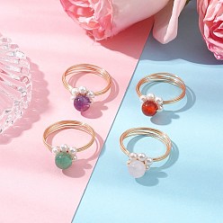 Смешанные камни Круглые натуральные розовые кварцевые кольца, зеленые авантюрины, аметисты, сердолики и ракушечные жемчужины, кольца из медной проволоки, размер США 7 1/4 (17.5 мм), 4 шт / комплект