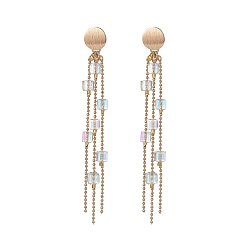 Golden Crystal K9 Glass Cube Beaded Dangle Stud Earrings, Brass Ball Chain Tassel Drop Earrings for Women, Golden, 100mm, Pin: 0.6mm