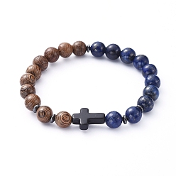 Ляпис-Лазурь Браслеты из натурального дерева бусины стрейч, с натуральными бусинами лазурита (окрашенными), немагнитные синтетические гематитовые бусины и крестообразные синтетические бирюзовые (окрашенные) бусины, внутренний диаметр: 2-1/8 дюйм (5.5 см)
