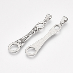 Stainless Steel Color Non-Tarnish 304 Stainless Steel Big Pendants, Wrench Shape, Stainless Steel Color, 54x12x2mm, Hole: 8x4.5mm