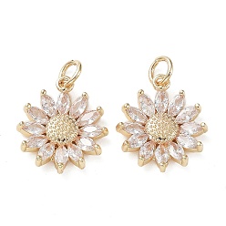Настоящее золото 14K Подвески из латуни с покрытием из прозрачного кубического циркония, долговечный, без кадмия и без свинца, с прыжковых колец, цветок, реальный 14 k позолоченный, 20x17x4 мм, отверстие : 4 мм
