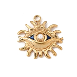 Golden 304 Stainless Steel Enamel Pendants, Sun with Evil Eye Charms, with Plastic Imitation Pearl Beads, Golden, 17.5x17x4mm, Hole: 1.8mm