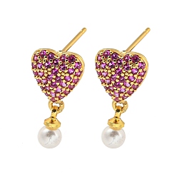 Real 18K Gold Plated Rack Plating Brass Micro Pave Cubic Zirconia Stud Earring, Cadmium Free & Lead Free, Long-Lasting Plated, with ABS Imitation Pearl, Hot Pink, Real 18K Gold Plated, 12x9mm