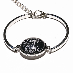 Снежный Обсидиан Браслет из натурального обсидиана со снежинками и плоскими круглыми звеньями, с изогнутой трубкой, 7-1/8 дюйм (18 см)