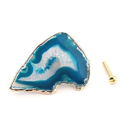 Steel Blue Natural Agate Drawer Knob, with Brass Findings and Screws, Cabinet Pulls Handles for Drawer, Doorknob Accessories, Polygon, Steel Blue, 50~90mm