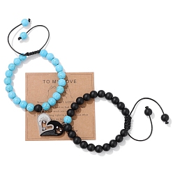 Синтетическая Бирюза Плетеные браслеты из синтетической бирюзы, сердце со словом я люблю тебя подвески пара браслетов для мужчин и женщин, внутренний диаметр: 2-3/8 дюйм (6 см), 2 шт / комплект
