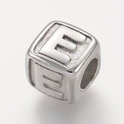 Letter E Устойчивые к потускнению 304 европейские бусины из нержавеющей стали, горизонтальное отверстие, бусины с большим отверстием, куб с letter.e, 8x8x8 мм, отверстие : 4 мм
