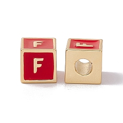 Letter F Стойки покрытие латунь эмаль бисер, без кадмия, без никеля и без свинца, реальный 18 k позолоченный, куб с письмом, красные, буква f, 6x6x6 мм, отверстие : 2.5 мм