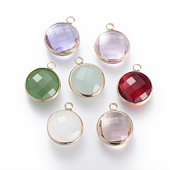Mixed Color Glass Pendants, with Brass Findings, Faceted, Flat Round, Mixed Color, 9.5x6.5x2.5mm, Hole: 2mm