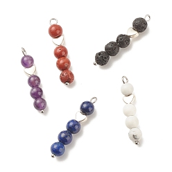 Mixed Stone Round Natural Mixed Gemstone Pendants, with Silver Tone Alloy Heart Findings, 33~35x6~7mm, Hole: 1.8~2mm