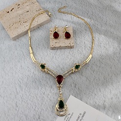 Золотой Комплекты из ожерелий со стразами и серег-гвоздиков в форме капли для женщин, золотые, 440 мм