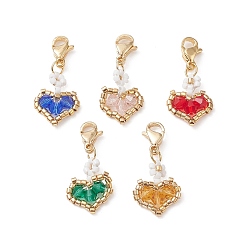 Mixed Color Handmade Loom Pattern Seed Beads Pendants Decoration, with 304 Stainless Steel Lobster Claw Clasps, Heart, Mixed Color, 25mm