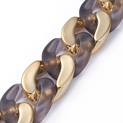 Dark Gray Handmade Golden Plated CCB Plastic & Transparent Acrylic Cuban Link Chains, Twisted Chains, for Jewelry Making, Dark Gray, Link: 29~30x21x6mm, 39.37 inch(1m)/strand
