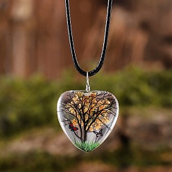 Оранжевый Подвеска в форме сердца из стекла с сушеным цветком и деревом внутри, ожерелья из черного вощеного шнура, оранжевые, 17.32 дюйм (44 см)