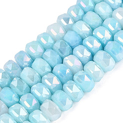 Sky Blue Electroplate Crackle Imitation Jade Glass Beads Strands, Rondelle, Dyed, AB Color Plated, Faceted, Sky Blue, 8x5mm, Hole: 1~1.2mm, about 33~35pcs/strand, 6.69~7.28 inch(17~18.5cm)