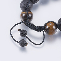 Mixed Stone Adjustable Nylon Cord Braided Bead Bracelets, with Lava Rock & Tiger Eye Beads, 2 inch(51mm)