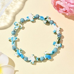 Цвет Оливы Браслеты из синтетических бирюзовых бусин с крестом и круглыми бусинами, окрашенные в запекаемый цвет, для мужчин и женщин, оливковый, внутренний диаметр: 2-3/8 дюйм (6.15 см)