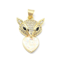 Настоящее золото 18K Латунные микропаве прозрачные подвески с фианитом, без кадмия и без свинца, с синтетическим опалом, лиса, реальный 18 k позолоченный, 23.5x16.5x5 мм, отверстие : 3.5x3.5 мм