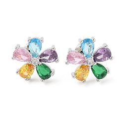 Разноцветный Серьги-гвоздики из латуни с микропаве из кубического циркония, долговечный, цветок, платина, красочный, 14x14 мм