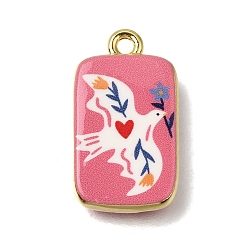 Golden Printed Brass Pendants, Rectangle with Dove Charms, Pink, Golden, 21x12x3.5mm, Hole: 1.7mm