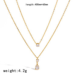 Real 18K Gold Plated 304 Stainless Steel Pave Clear Cubic Zirconia Teardrop Pendant Double Layer Necklaces for Women, Real 18K Gold Plated, 15.75 inch(40cm)