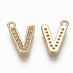 Letter V Brass Cubic Zirconia Charms, Letter, Clear, Real 18K Gold Plated, Letter.V, 11x8x1.5mm, Hole: 1mm