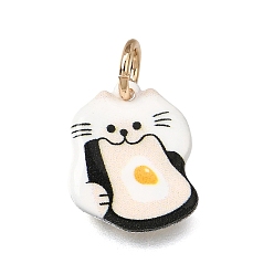 White Printed Brass Pendants, Cat Shape with Fried Egg Charms, Golden, White, 15.5x12.5x2.5mm, Hole: 4mm