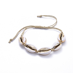 White Natural Adjustable Waxed Cotton Cord Braided Bead Bracelets, with Electroplated Cowrie Shell Beads, with Enamel, White, 3~8.9cm