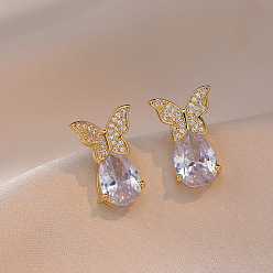 Кристалл 304 серьги-гвоздики из нержавеющей стали с микро-паве из стразов, бабочка со слезой, золотые, кристалл, 30 мм
