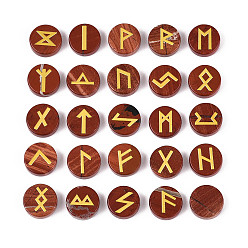 Красный Камень Латунь старший футарк алфавит выгравированный символ плоский круглый натуральный красный яшмовый рунический камень, для балансировки чакр, кристаллотерапия, медитация, гадание, 16.5~17.5x6~7 мм, 25 шт / комплект