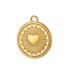 Настоящее золото 18K 304 подвески из нержавеющей стали, плоско-круглые с сердцем, ионное покрытие (ip), реальный 18 k позолоченный, 22x19 мм