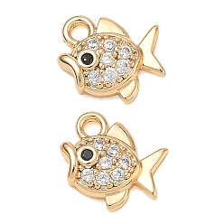 Real 18K Gold Plated Brass Micro Pave Black Cubic Zirconia Charms, Fish Charms, Real 18K Gold Plated, 9.5x9.5x3mm, Hole: 1.4mm