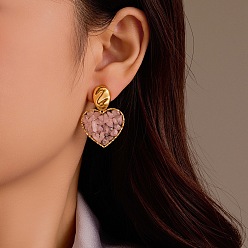 Розовый Кварц 304 серьги-гвоздики в форме сердца из нержавеющей стали, с натуральным розовым кварцем, реальный 18 k позолоченный, 36x25 мм