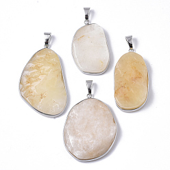 Желтый авантюрин Подвески из натурального желтого авантюрина, с латунной кромкой платинового цвета и железной защелкой на дужках, самородки, 36~65x23~43x5~13 мм, отверстие : 5x9 мм