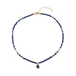 Bleu Foncé Collier pendentif en forme de larme de zircone cubique avec des chaînes de perles de cyanite naturelles, bijoux en pierres précieuses pour femmes, bleu foncé, 16.06 pouce (40.8 cm)