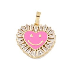 Hot Pink Rack Plating Brass Micro Pave Clear Cubic Zirconia Pendants, with Enamel, Long-Lasting Plated, Lead Free & Cadmium Free, Real 18K Gold Plated, Heart with Smile, Hot Pink, 20x19x2.5mm, Hole: 6.5x3.5mm