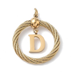 Letter D 304 подвески из нержавеющей стали, скрученный плоский круглый с буквой, ионное покрытие (ip), реальный 18 k позолоченный, с соединительными кольцами и 201 бусинами из нержавеющей стали, Буква D, 27x23.5~24x6 мм, отверстие : 3 мм