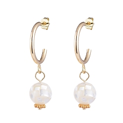White Dangle Stud Earrings, with Natural Shell Beads, 304 Stainless Steel Findings and Brass Findings, White, 41x29x10mm, Pin: 0.7mm