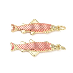 Hot Pink Brass Enamel Pendants, Fish Charms, Cadmium Free & Lead Free, Rack Plating, Long-Lasting Plated, Real 18K Gold Plated, Hot Pink, 29.5x10.5x3.5mm, Hole: 3.5mm